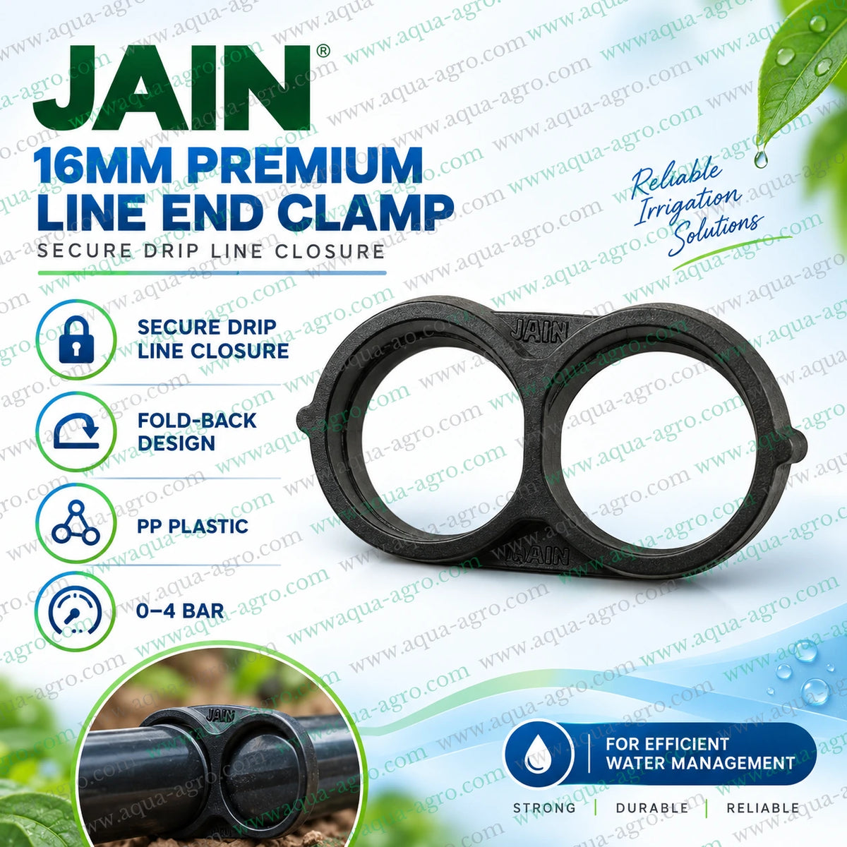 JAIN 16mm drip line end clamp installation guide showing fold back closure method for sealing irrigation lateral pipe ends securely without additional fittings