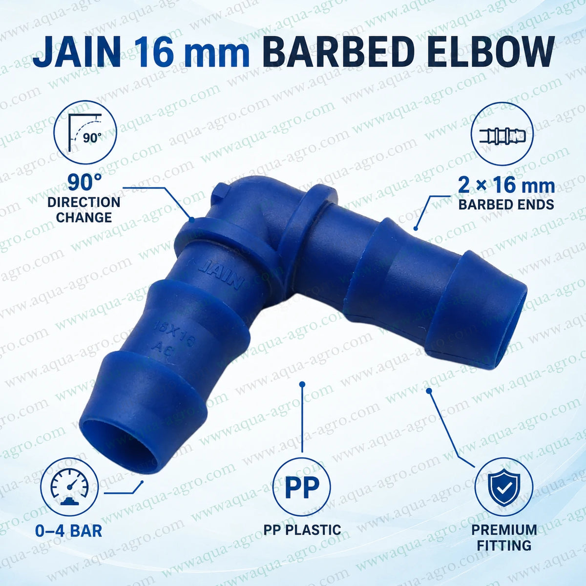 JAIN 16mm blue PP plastic barbed elbow fitting with two 16mm pipe connections and 0 to 4 bar operating pressure for drip irrigation systems