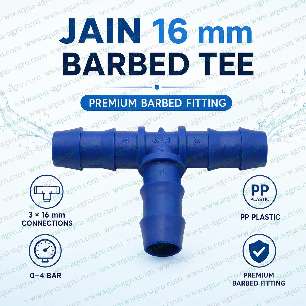JAIN 16mm blue barbed T fitting with three equal 16mm outlets for branching drip irrigation lateral pipes in agricultural farms and gardens