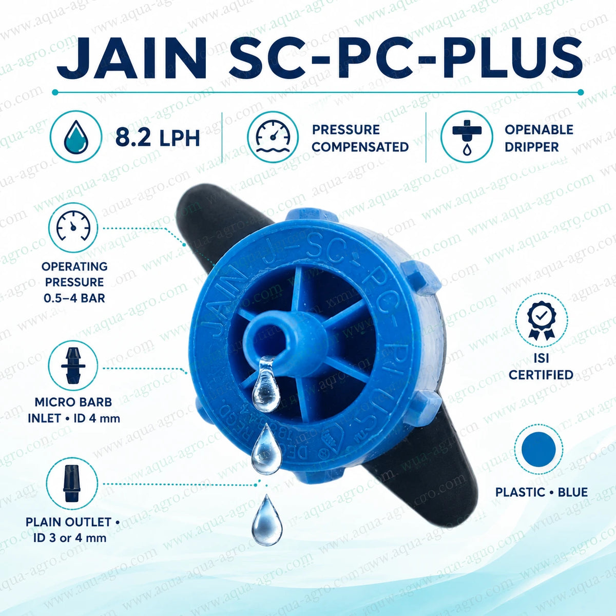 JAIN SC-PC-PLUS 8.2 LPH PC openable dripper with micro barb inlet, plain outlet and ISI certification for drip irrigation