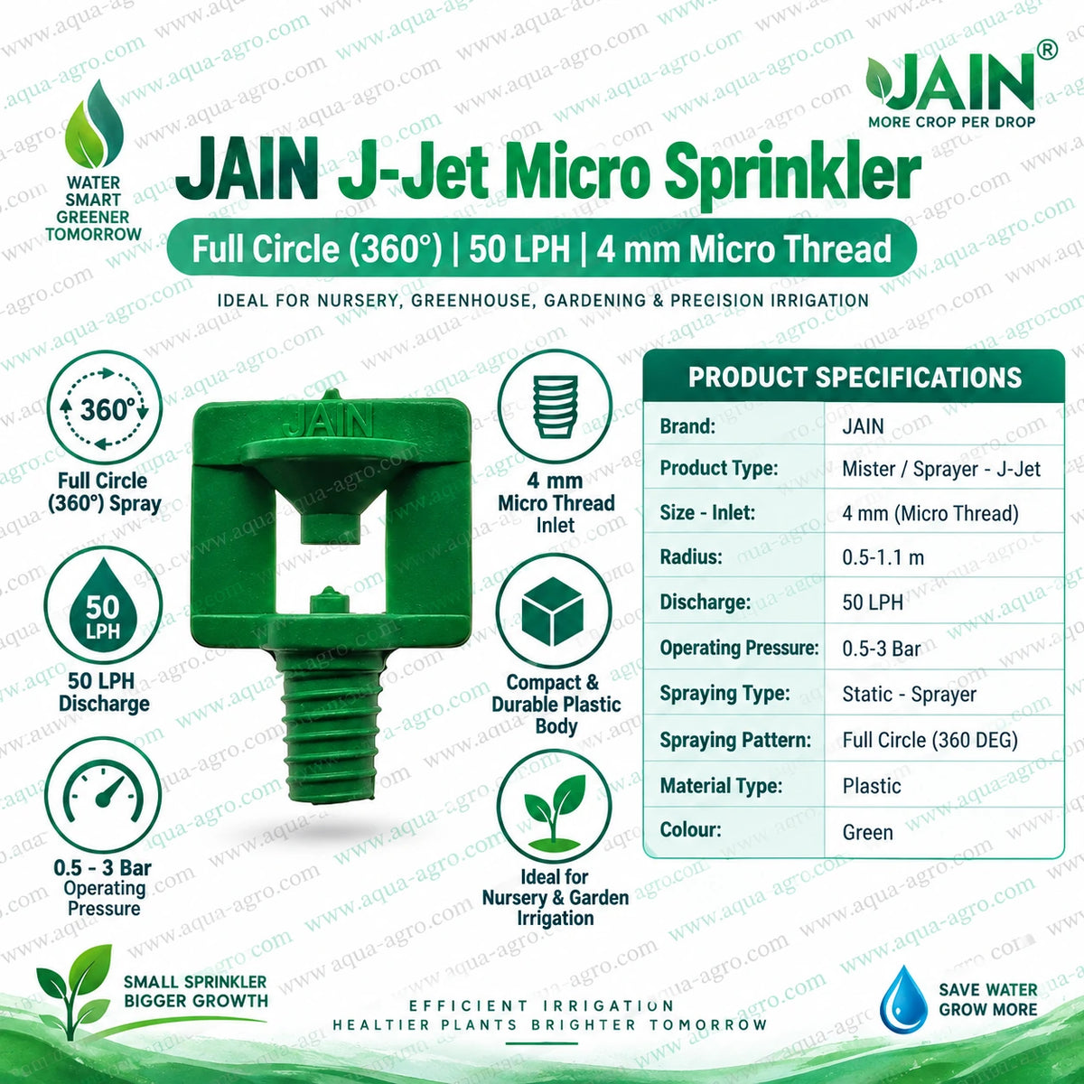 JAIN J-Jet Green Plastic Mister Sprayer with 360 Degree Full Circle Coverage 50 LPH Discharge 4mm Micro Threaded Inlet and 0.5 to 1.1 Meter Spray Radius for Nursery and Garden Irrigation
