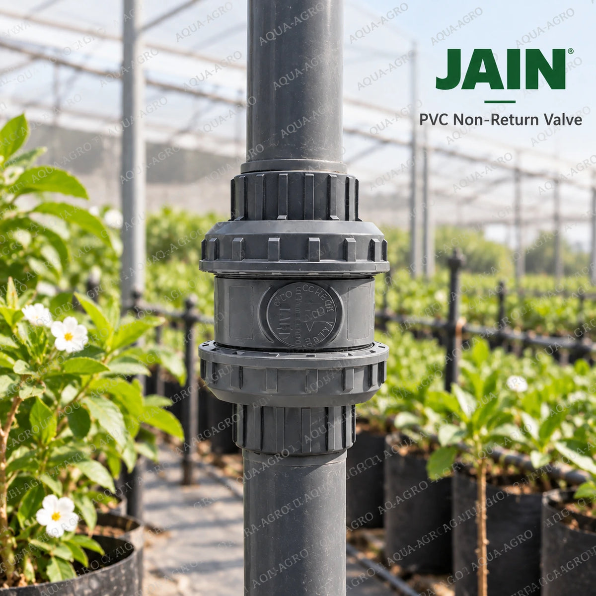 JAIN 2 inch 63mm PVC flap check non return valve with double union plain socket connection installed vertically in agricultural irrigation pipeline