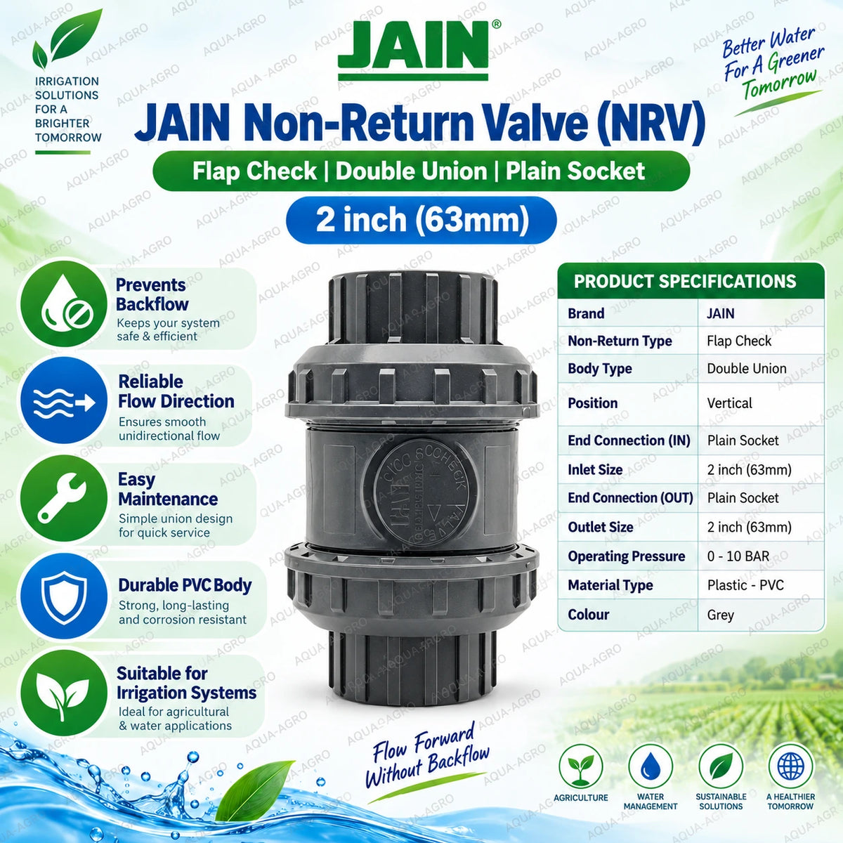 JAIN 2 inch 63mm PVC non return valve with flap check double union plain socket ends for irrigation backflow prevention and one way water flow