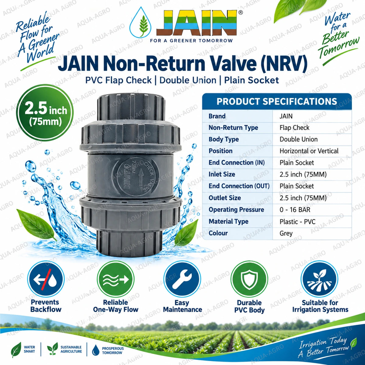JAIN 2.5 inch 75mm PVC flap check non return valve with double union plain socket connections for reliable one way flow in agricultural irrigation systems