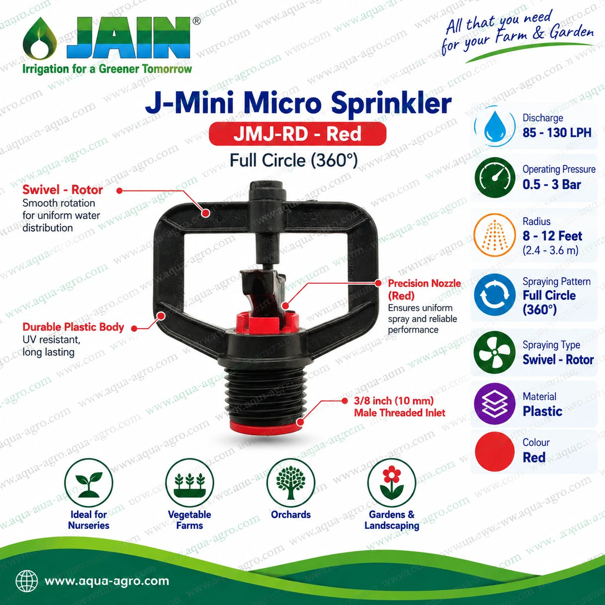 JAIN J-Mini JMJ-RD red micro sprinkler with 3/8 inch male threaded inlet full circle 360 degree swivel rotor 85 to 130 LPH discharge 8 to 12 feet radius for nursery orchard vegetable farm and garden irrigation