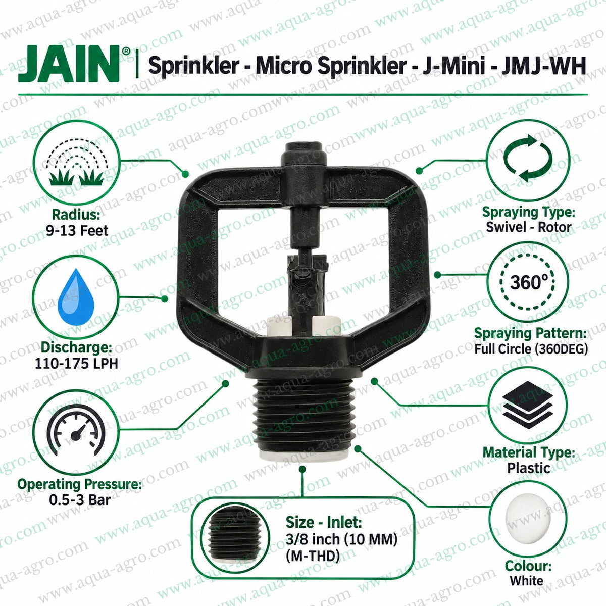JAIN J-Mini JMJ-WH white micro sprinkler full circle 360 degree swivel rotor 110 to 175 LPH 9 to 13 feet radius 3/8 inch 10mm male threaded irrigation sprinkler
