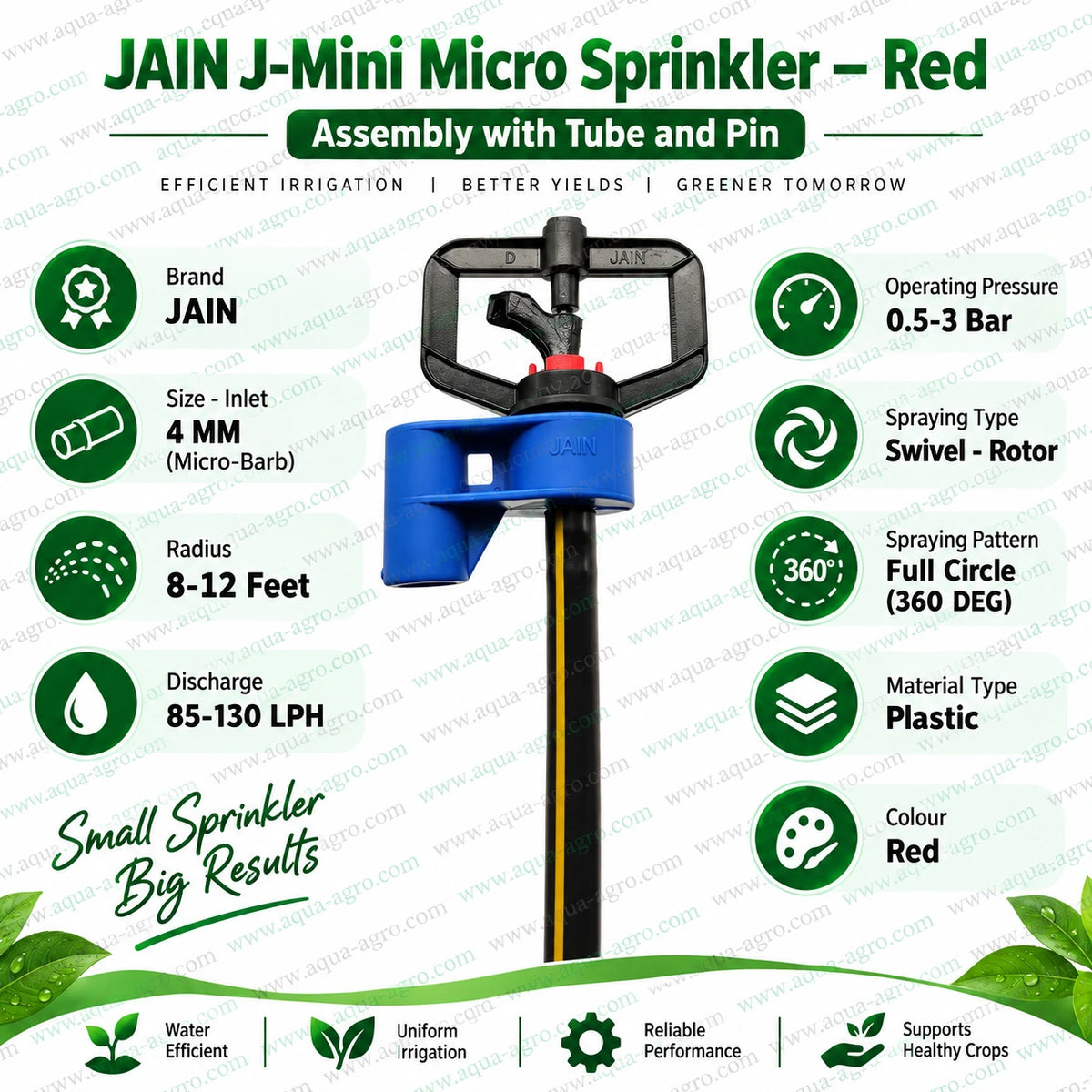 JAIN J-Mini red micro sprinkler with tube and pin operating in agricultural nursery field 360 degree full circle water spray 8 to 12 feet radius for uniform crop and garden irrigation