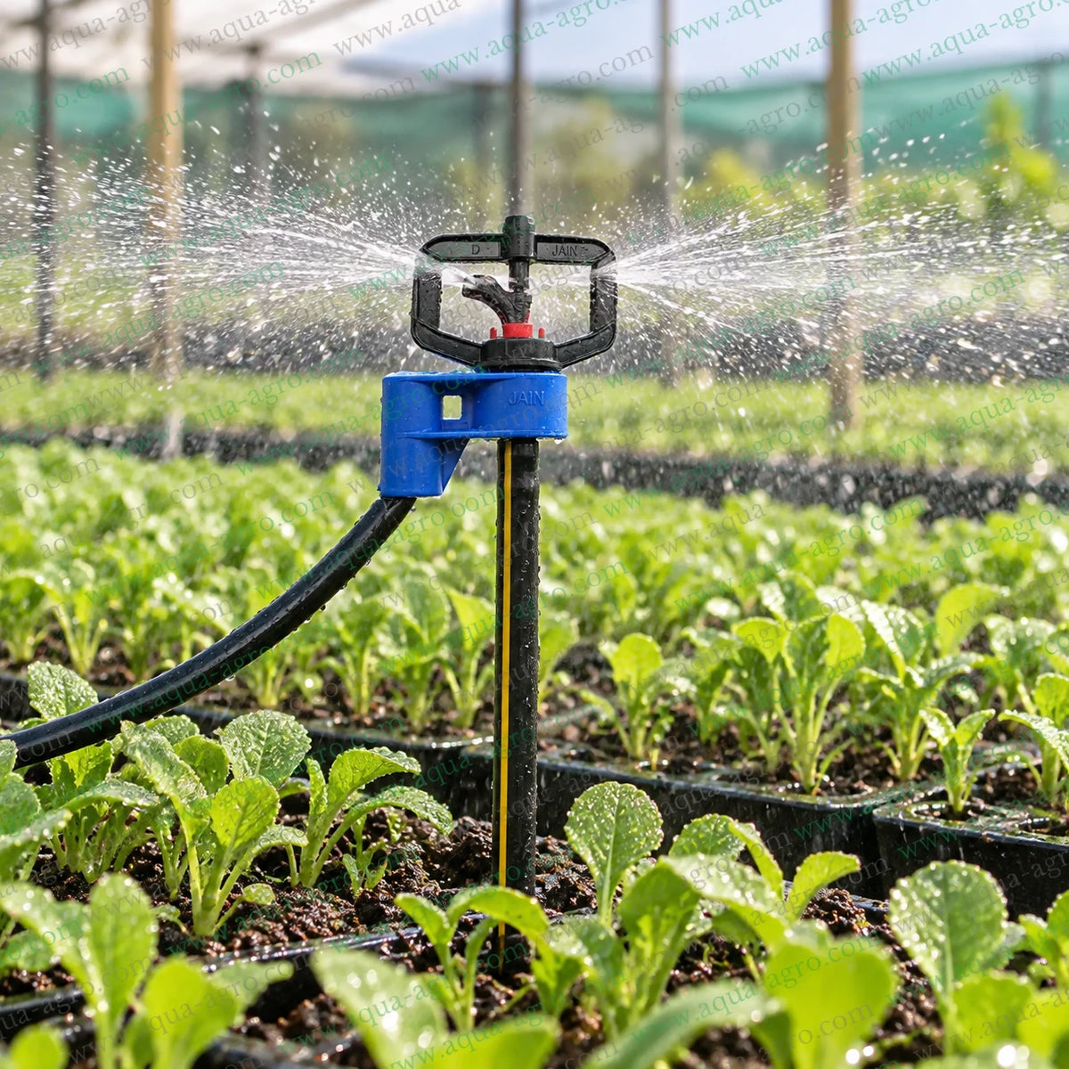 JAIN J-Mini red micro sprinkler assembly with 4mm micro barbed inlet tube and pin 360 degree full circle swivel rotor 85 to 130 LPH discharge 8 to 12 feet radius for nursery and crop irrigation