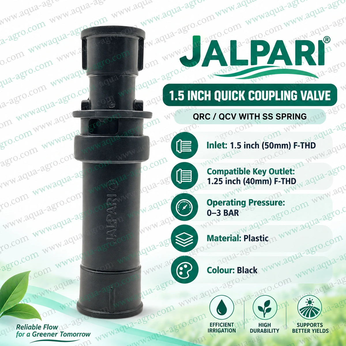 JALPARI 1.5 inch 50mm quick coupling valve QCV with SS spring female threaded inlet and 1.25 inch 40mm riser key connection for irrigation systems