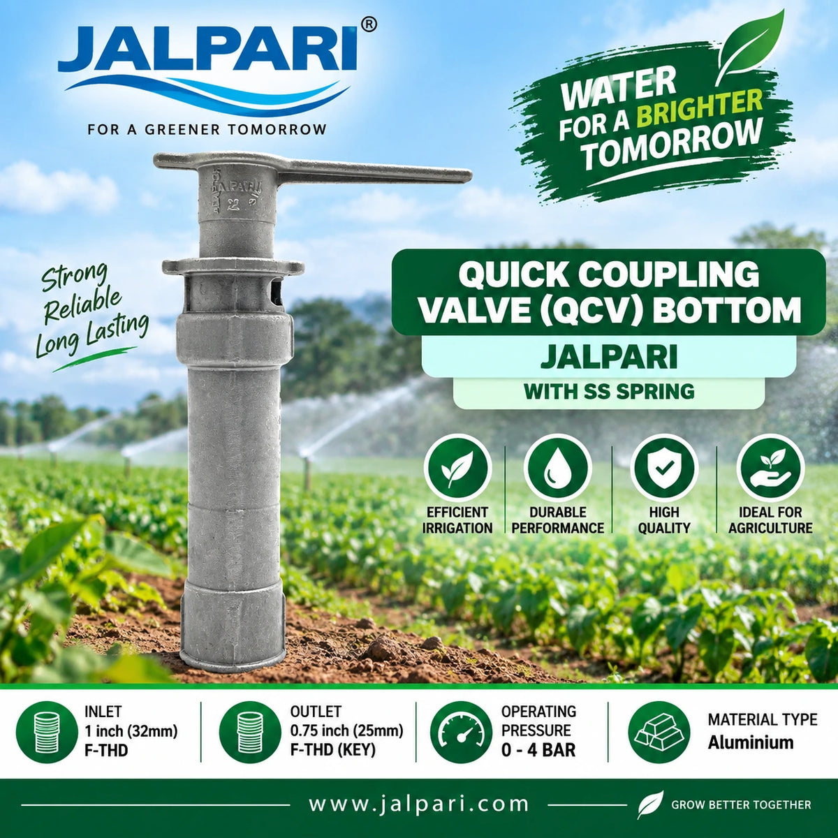 JALPARI aluminium QCV quick coupling valve bottom with stainless steel spring 1 inch 32mm F THD inlet for agricultural sprinkler rain gun and portable irrigation system