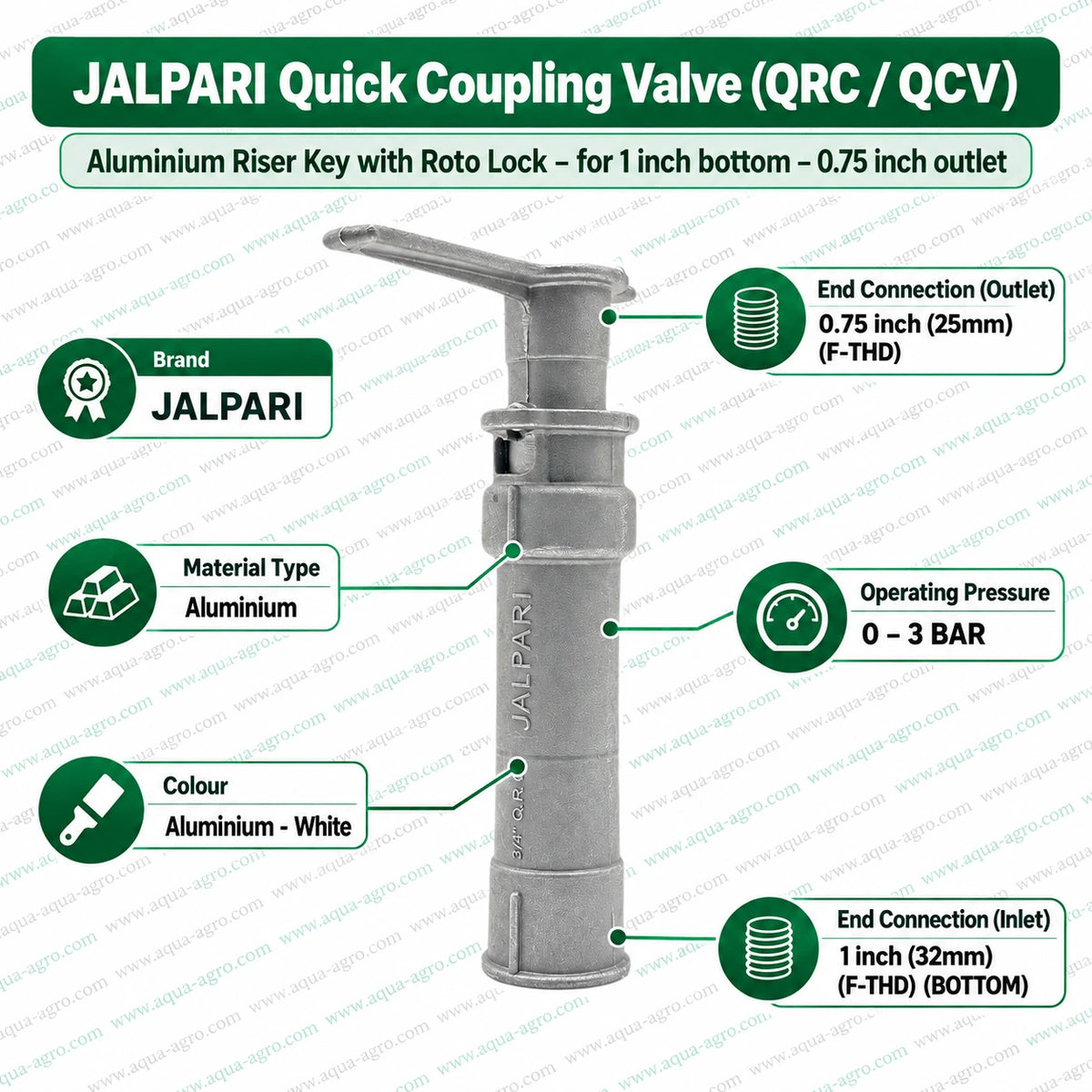 JALPARI QCV aluminium riser key with roto lock 1 inch 32mm inlet and 0.75 inch 25mm F THD outlet for quick coupling valve rain gun sprinkler irrigation system