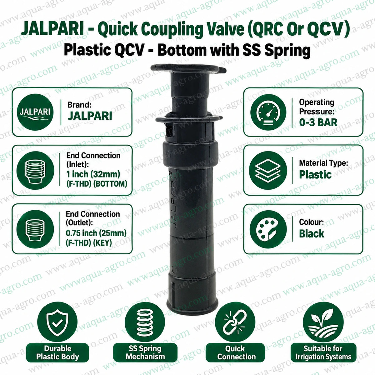 JALPARI QCV quick coupling valve bottom with SS spring 1 inch 32mm female threaded inlet 0.75 inch 25mm key outlet for irrigation systems
