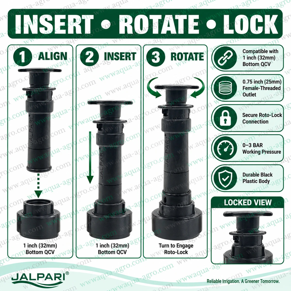 JALPARI QCV riser key with roto lock for 1 inch 32mm bottom quick coupling valve 0.75 inch 25mm female threaded outlet for irrigation systems