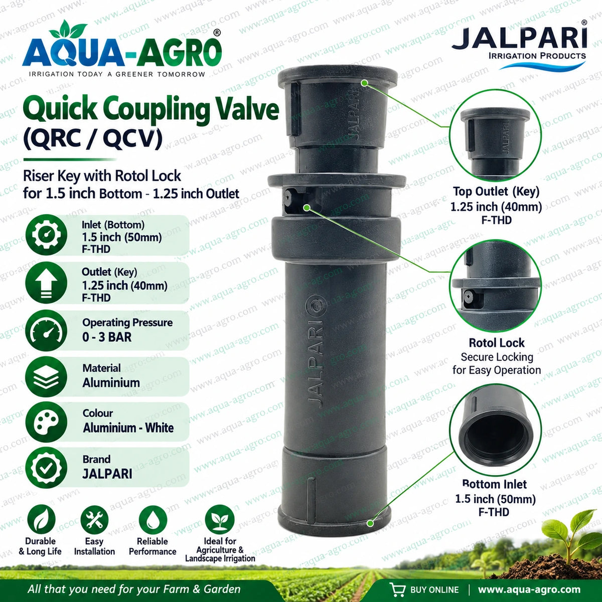 JALPARI plastic quick coupling valve QRC QCV riser key with rotol lock 1.5 inch 50mm bottom connection and 1.25 inch 40mm female threaded outlet for agriculture and landscape irrigation