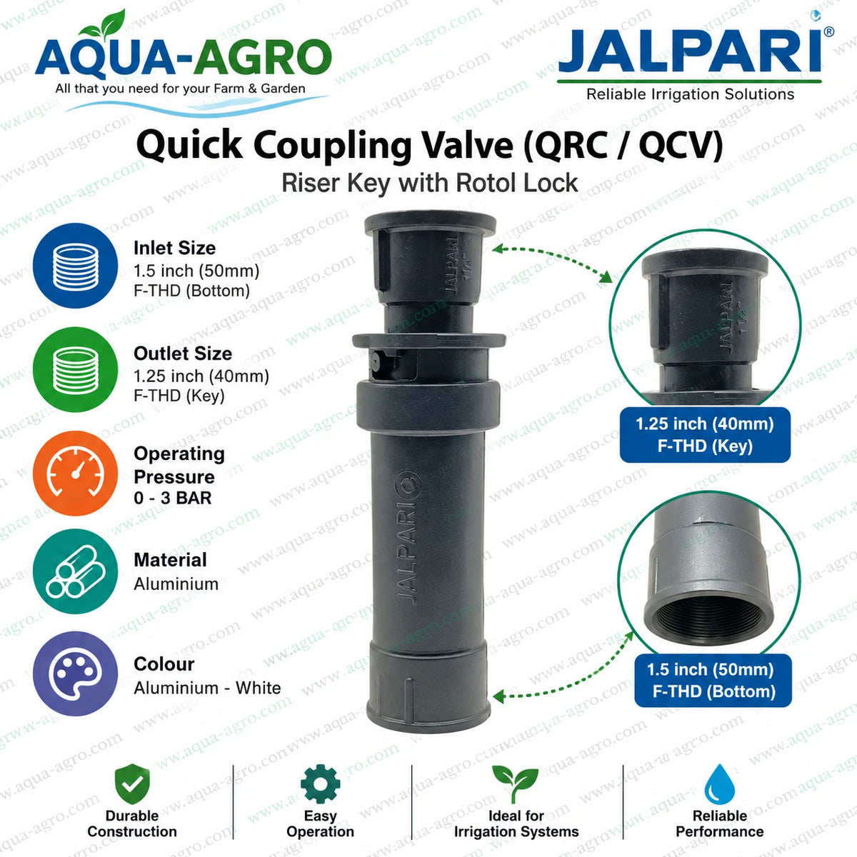 JALPARI QCV quick coupling valve riser key with rotol lock for 1.5 inch 50mm bottom valve and 1.25 inch 40mm female threaded outlet for irrigation systems
