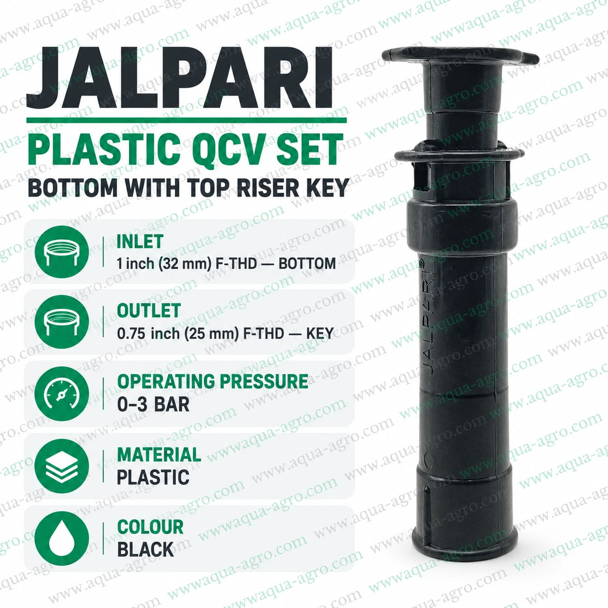 JALPARI plastic QCV quick coupling valve set with 1 inch 32mm female threaded bottom inlet 0.75 inch 25mm female threaded riser key outlet and 0 to 3 bar irrigation system pressure