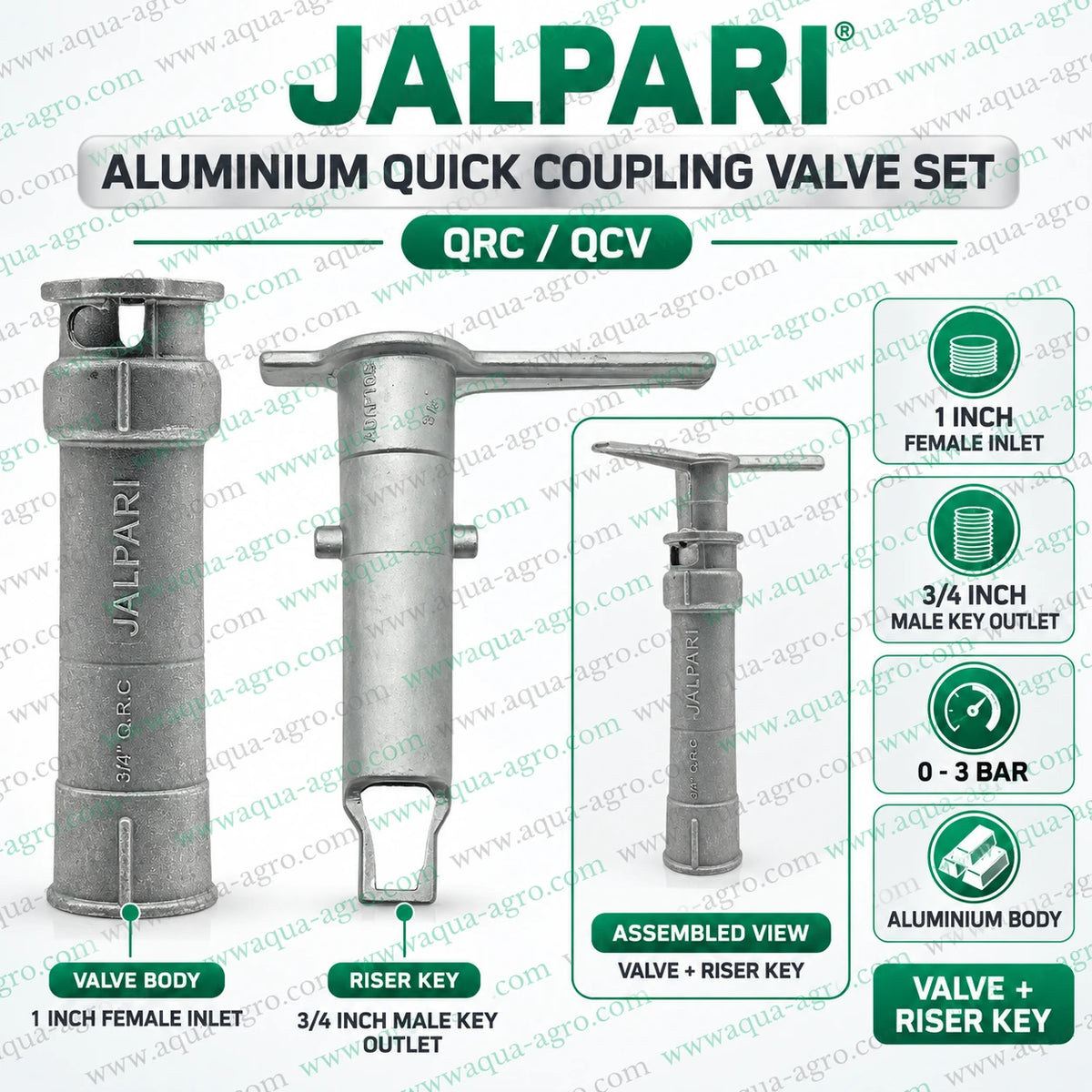 JALPARI aluminium QCV quick coupling valve set with 1 inch 32mm female inlet 3/4 inch male riser key outlet and 0 to 3 bar operating pressure for sprinkler and portable irrigation systems