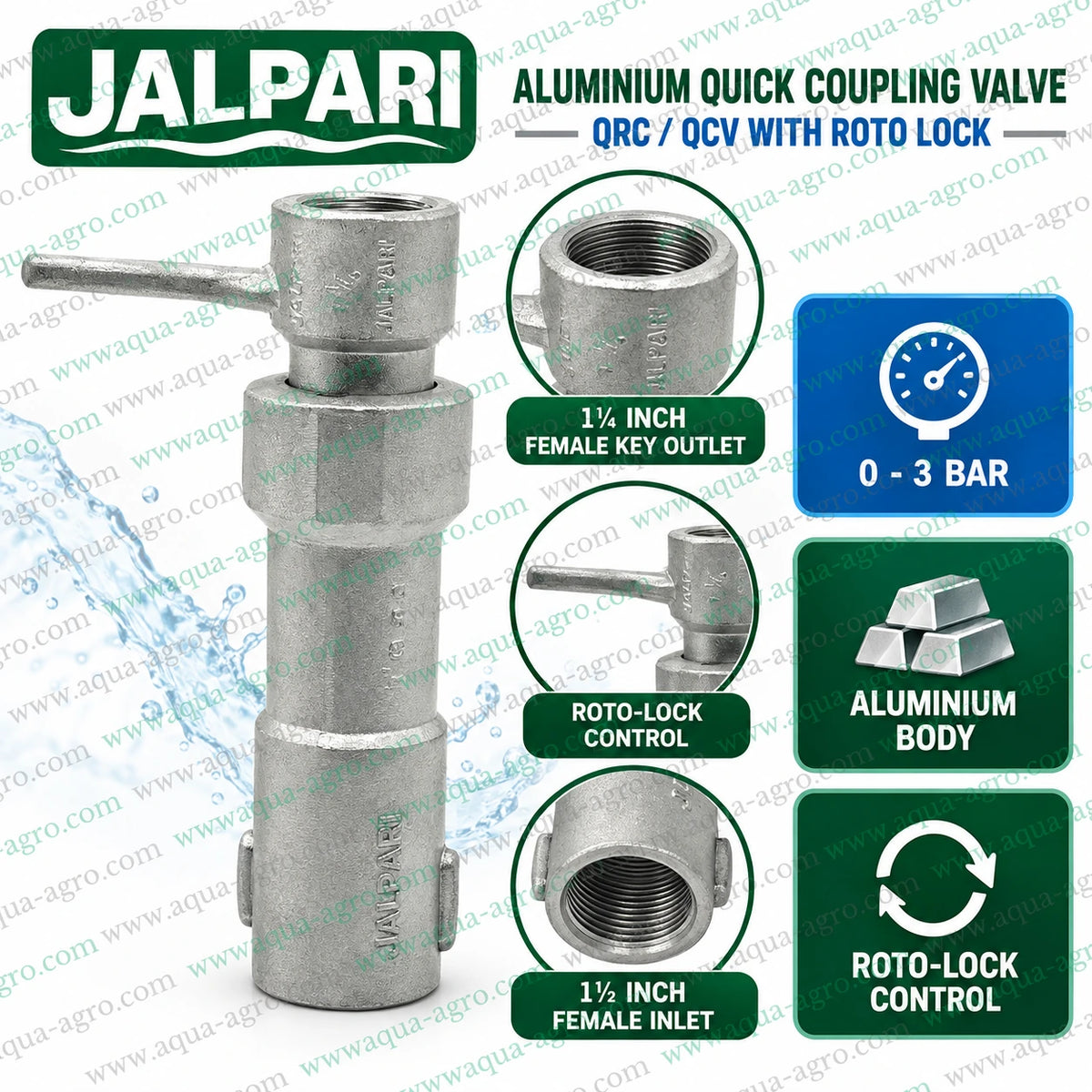 JALPARI aluminium QCV riser key with roto lock control 1.5 inch female inlet 1.25 inch female key outlet and 0 to 3 bar operating pressure for portable irrigation systems