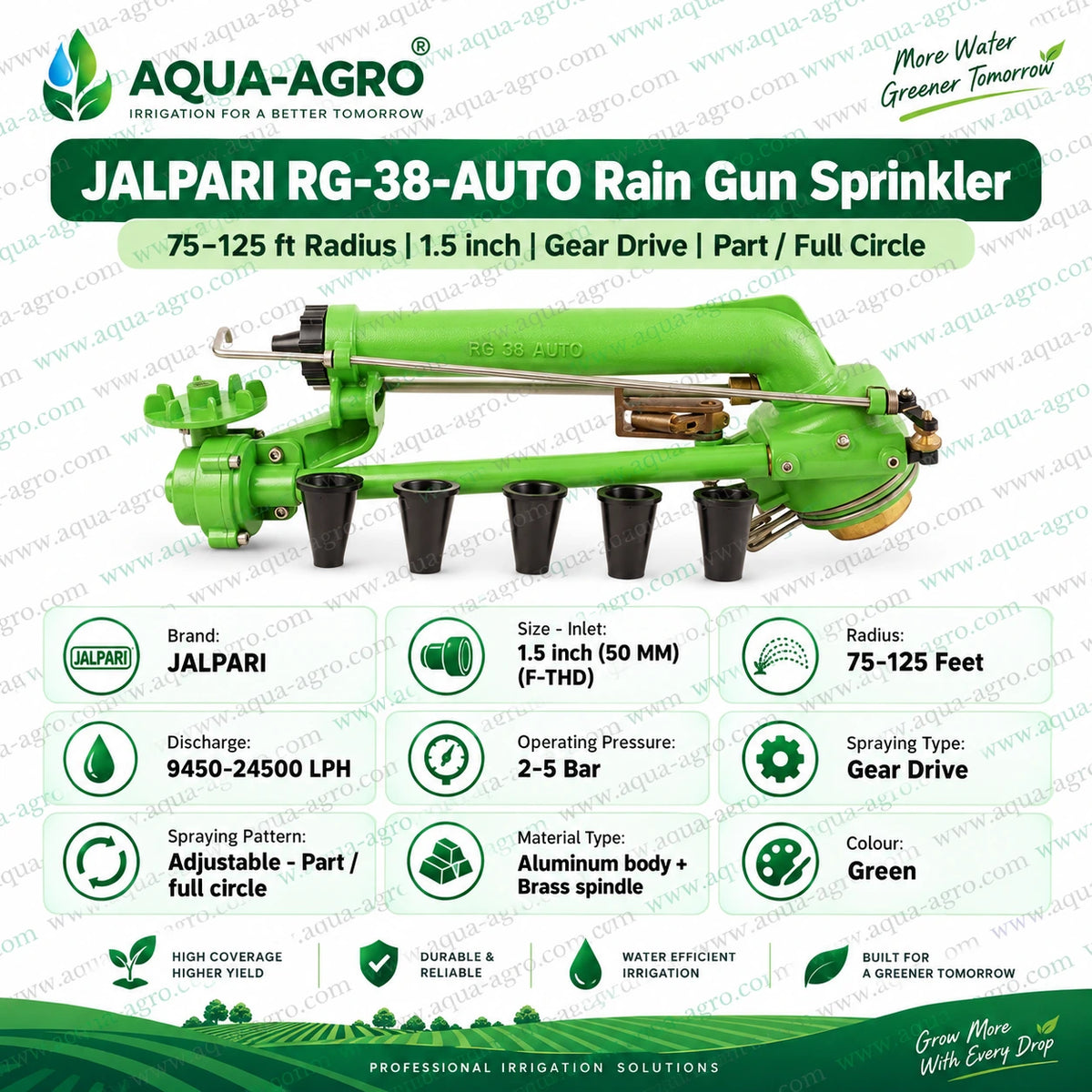 JALPARI RG-38-AUTO heavy duty agricultural rain gun sprinkler with 1.5 inch female threaded inlet 75 to 125 feet radius 9450 to 24500 LPH discharge 2 to 5 bar operating pressure aluminium body and brass spindle for farm irrigation