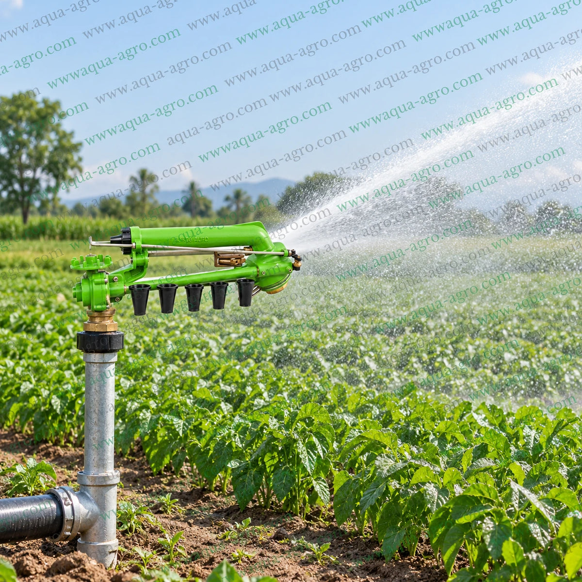 JALPARI RG-38-AUTO green gear drive rain gun sprinkler installed in agricultural field delivering high coverage irrigation with 75 to 125 feet watering radius and adjustable part circle or full circle spray pattern
