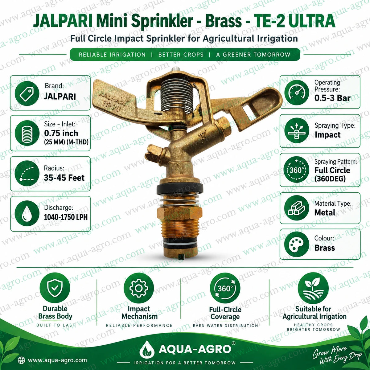 JALPARI TE-3 brass impact mini sprinkler operating in agricultural crop field with full circle 360 degree water distribution 35 to 55 feet radius 0.75 inch 25mm male threaded sprinkler for farm crop orchard and agricultural irrigation