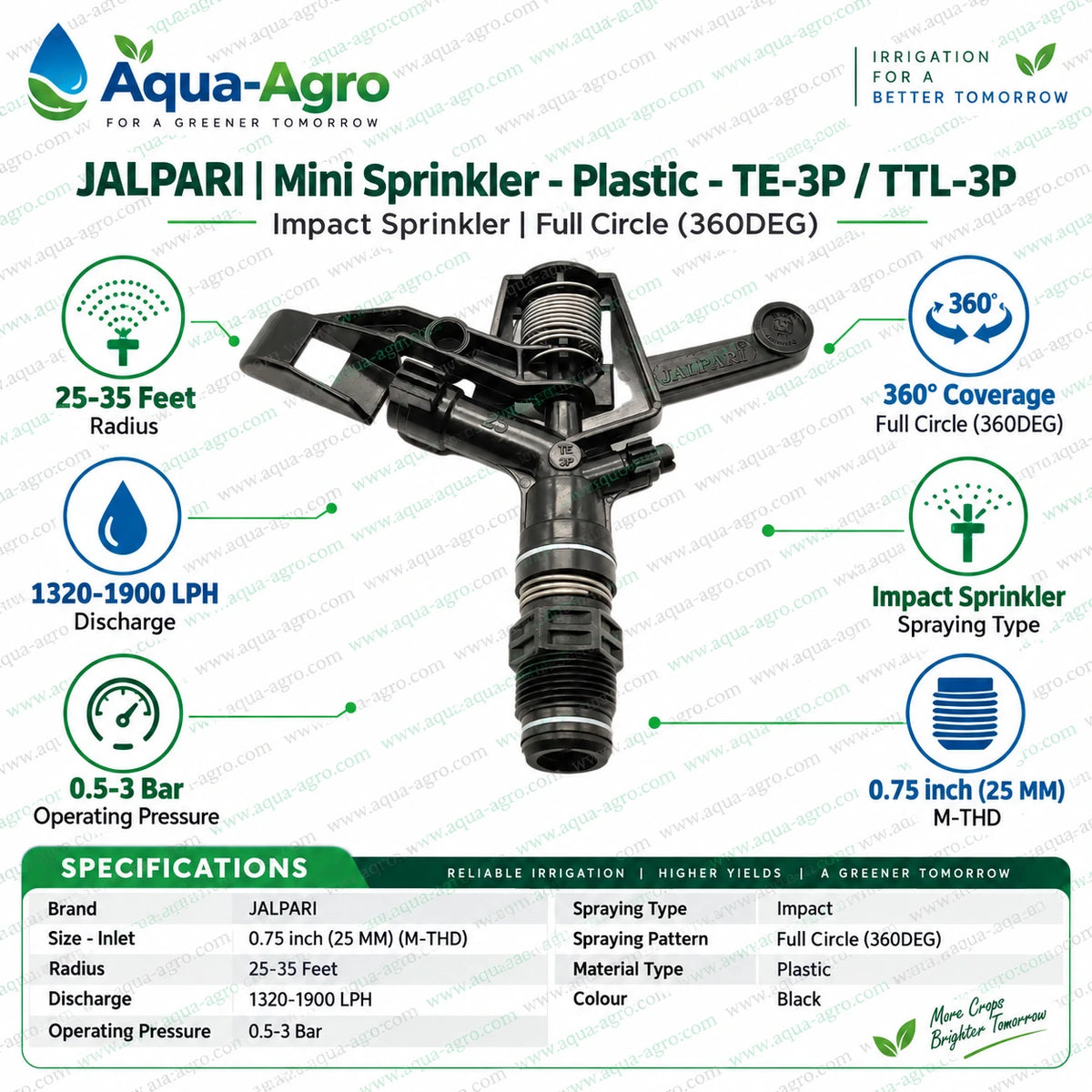 JALPARI TE-3P TTL-3P plastic impact mini sprinkler full circle 360 degree 25 to 35 feet radius 1320 to 1900 LPH discharge 0.5 to 3 bar operating pressure 0.75 inch 25mm male threaded sprinkler for agricultural farm garden and irrigation systems