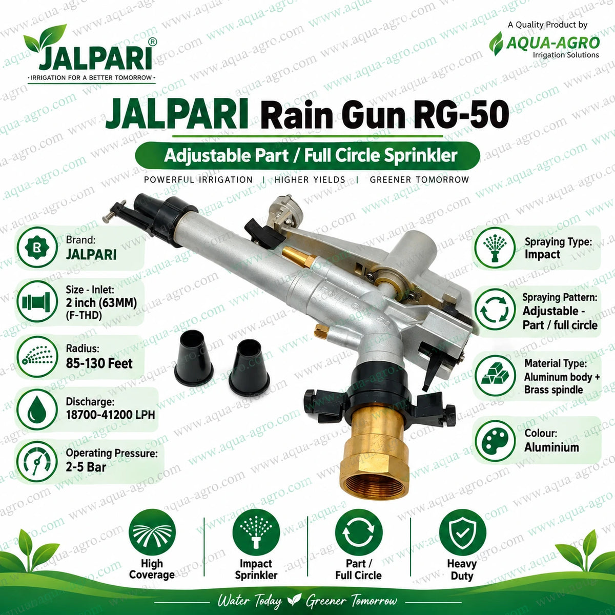 JALPARI RG-50 adjustable impact rain gun sprinkler with 2 inch female threaded inlet 85 to 130 feet watering radius 18700 to 41200 LPH discharge 2 to 5 bar operating pressure aluminium body brass spindle and part circle or full circle irrigation coverage