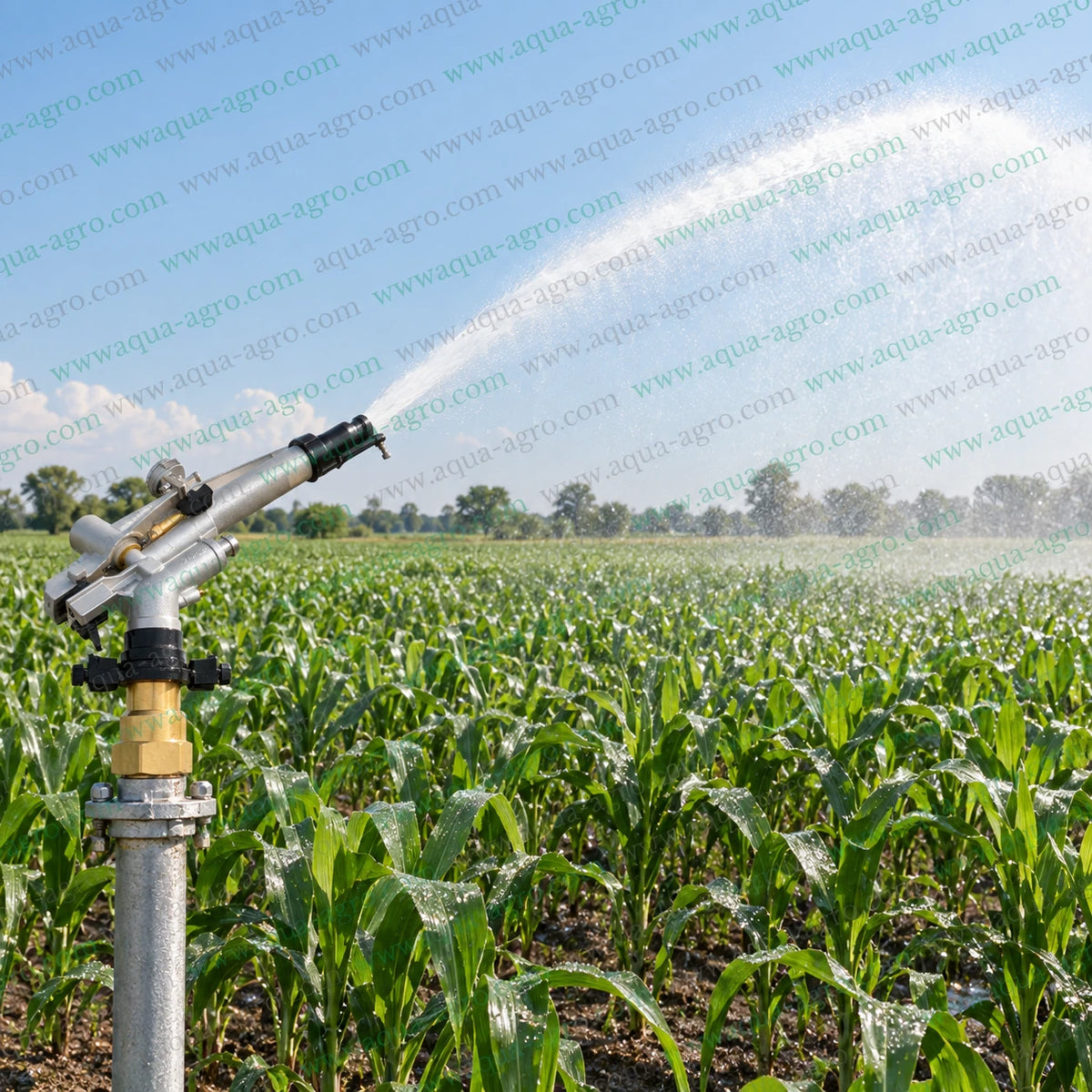 JALPARI RG-50 heavy duty aluminium rain gun sprinkler installed in agricultural corn field delivering high volume water spray with 85 to 130 feet radius for large scale farm irrigation and crop watering