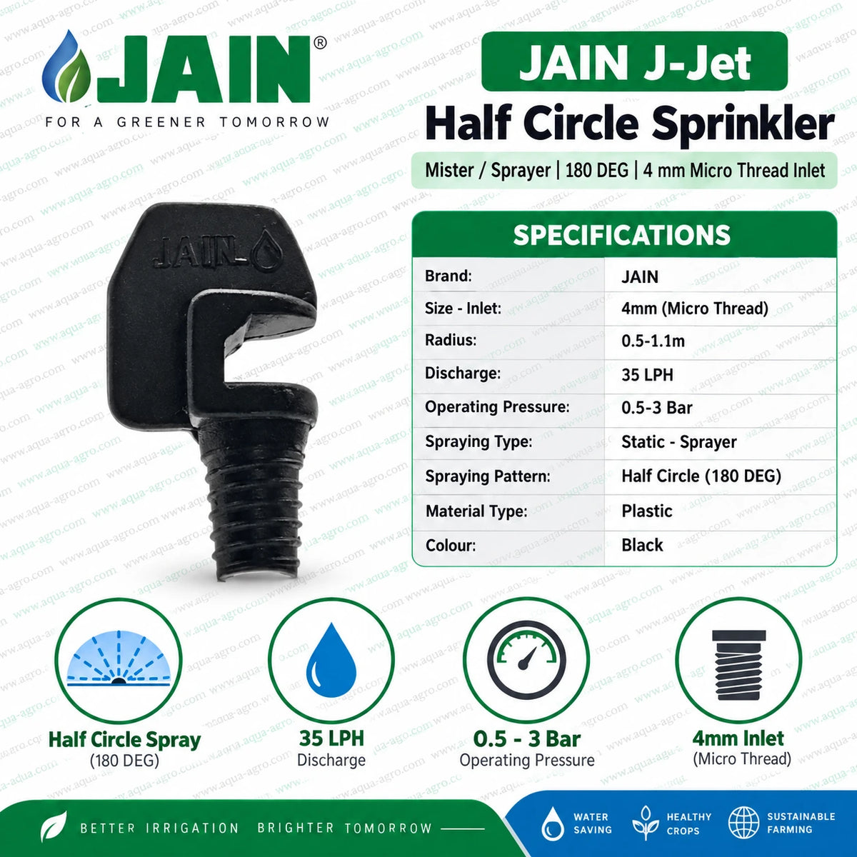 JAIN J-Jet Black Plastic Half Circle Sprinkler with 35 LPH Discharge 180 Degree Spray Coverage 4mm Micro Threaded Inlet and 0.5 to 1.1 Meter Radius for Precision Irrigation