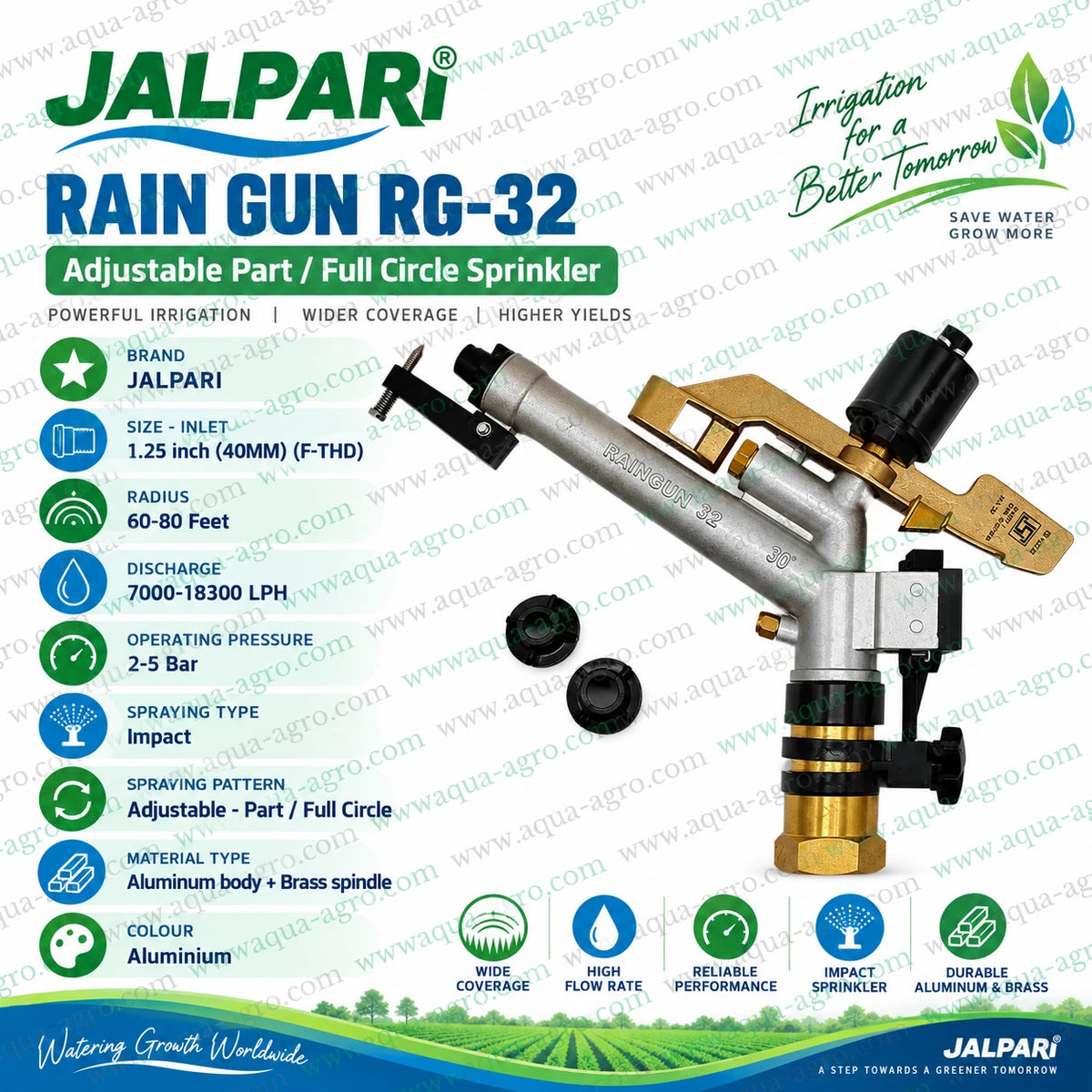 JALPARI RG-32 Impact Rain Gun Sprinkler with 1.25 Inch 40mm Female Threaded Inlet Adjustable Part and Full Circle Coverage 7000 to 18300 LPH Discharge and Durable Aluminium Body with Brass Spindle for Agricultural Irrigation