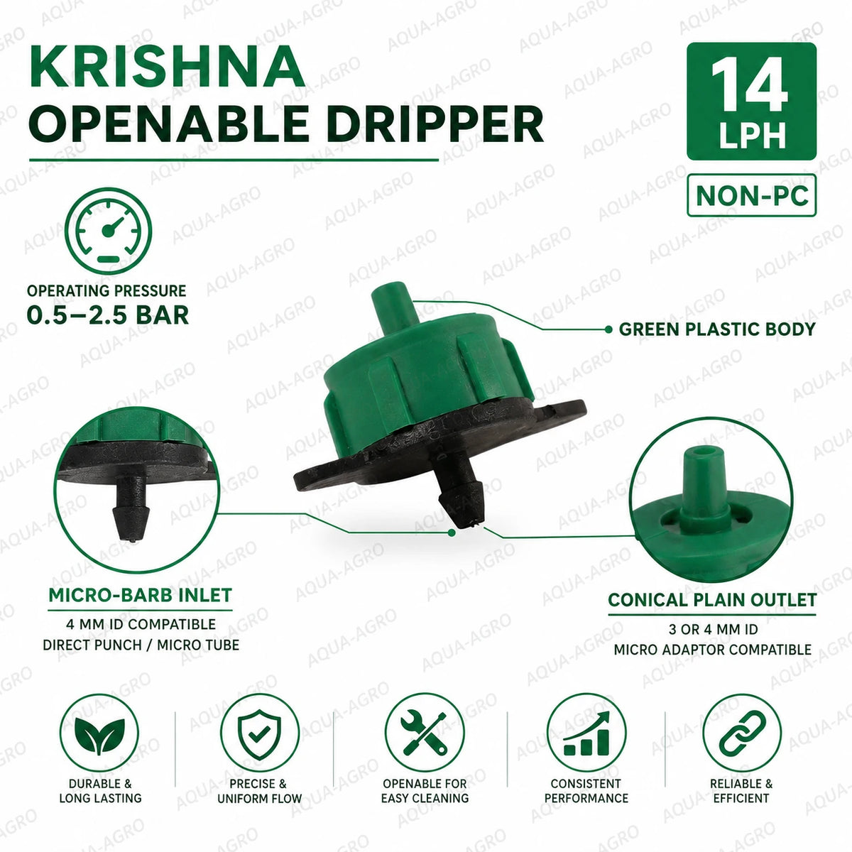 KRISHNA 14 LPH non-PC green openable drip emitter with micro barb inlet and conical plain outlet for drip irrigation