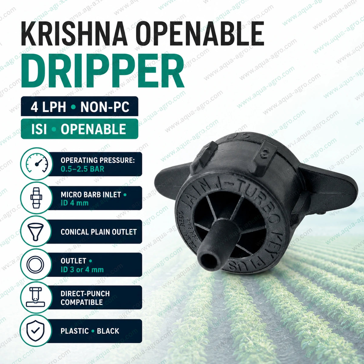 KRISHNA 4 LPH ISI openable drip emitter black with micro barb inlet and conical plain outlet for agricultural drip irrigation