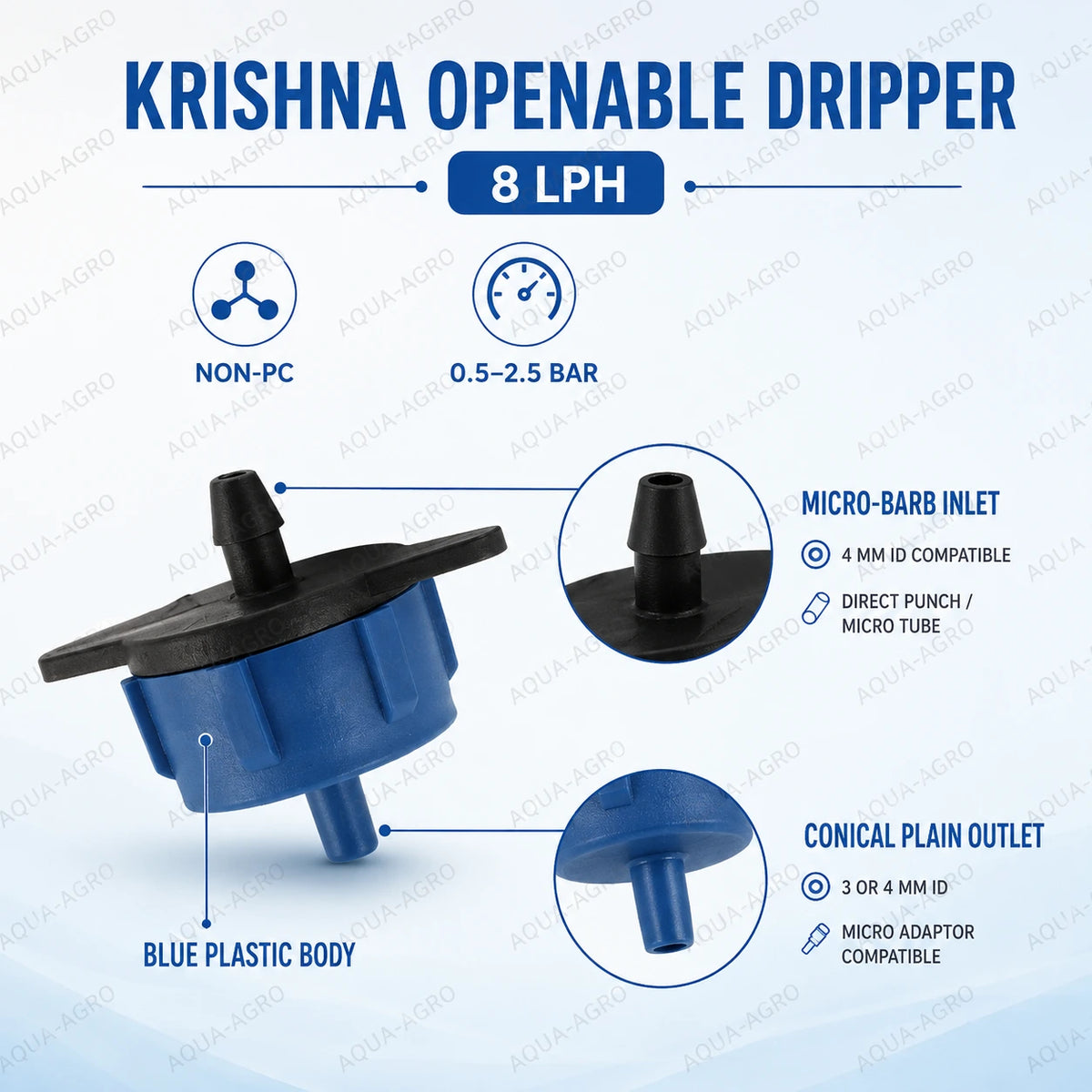 KRISHNA 8 LPH blue openable drip emitter with micro barb inlet and conical plain outlet for agricultural drip irrigation