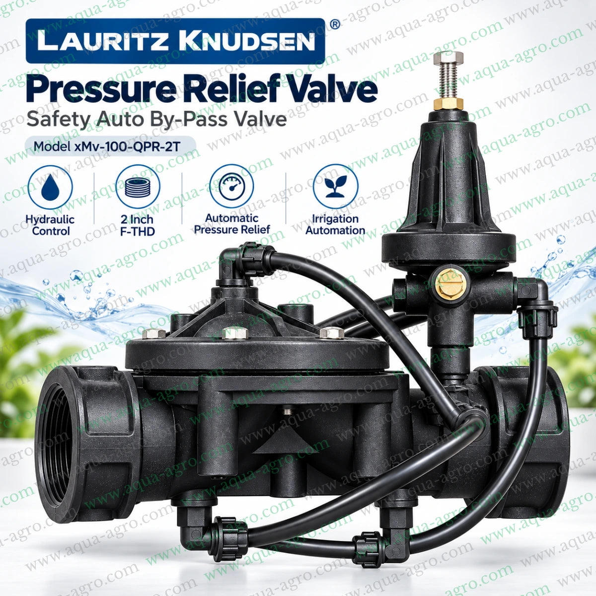 LAURITZ KNUDSEN 2 inch female threaded hydraulic pressure relief valve featuring adjustable pilot hydraulic diaphragm control assembly heavy duty valve body and pilot tubing