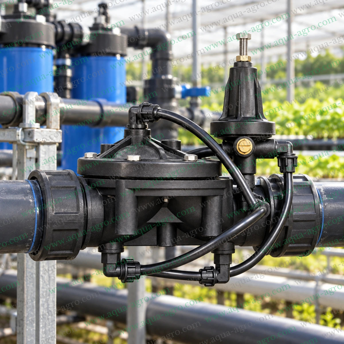LAURITZ KNUDSEN xMv-100-QPR-2T automatic safety bypass valve with 2 inch female threaded connections hydraulic pressure control and adjustable pilot for agricultural irrigation systems