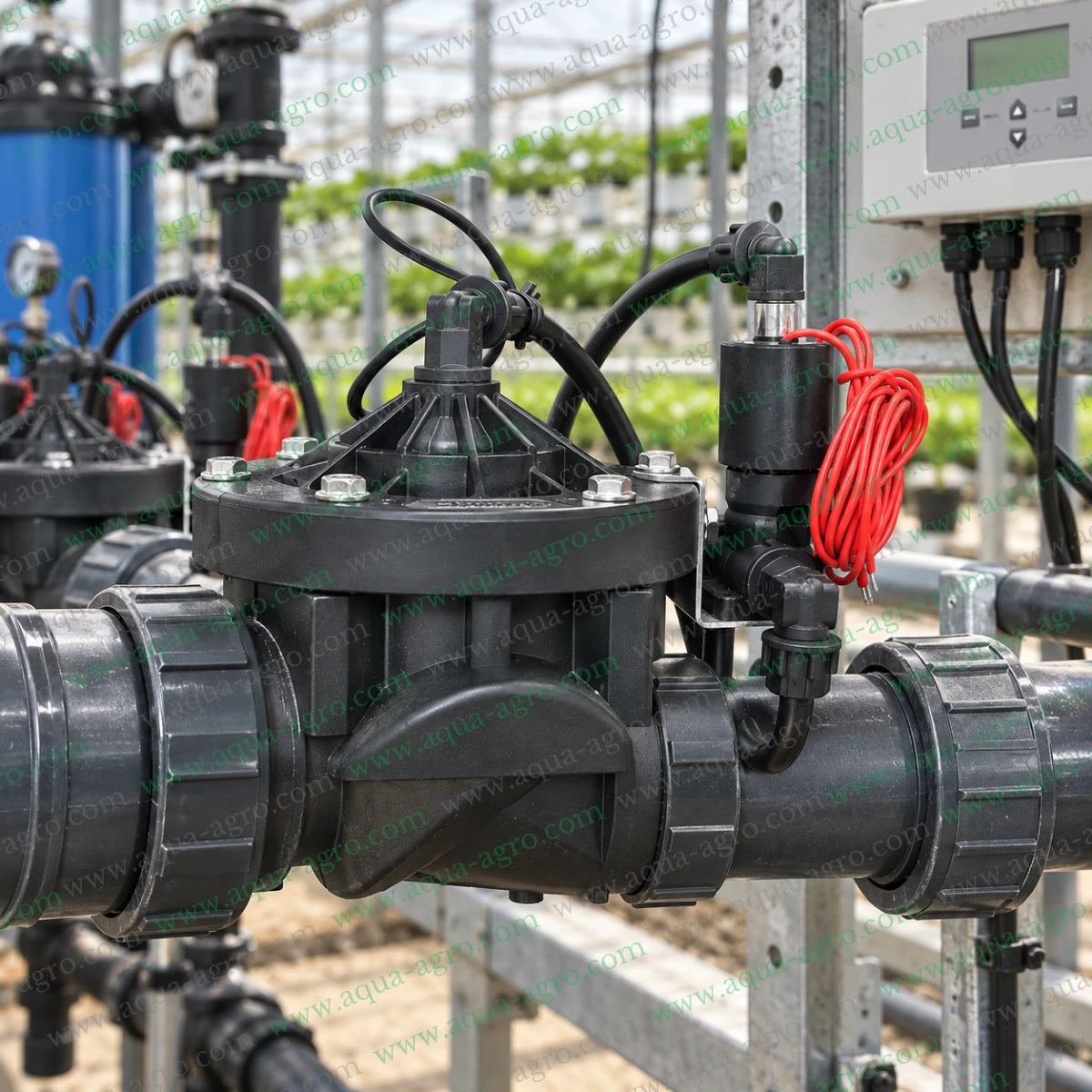 LAURITZ KNUDSEN 2 inch 24 VAC solenoid valve installed on irrigation pipeline for automatic water flow control in agricultural irrigation systems