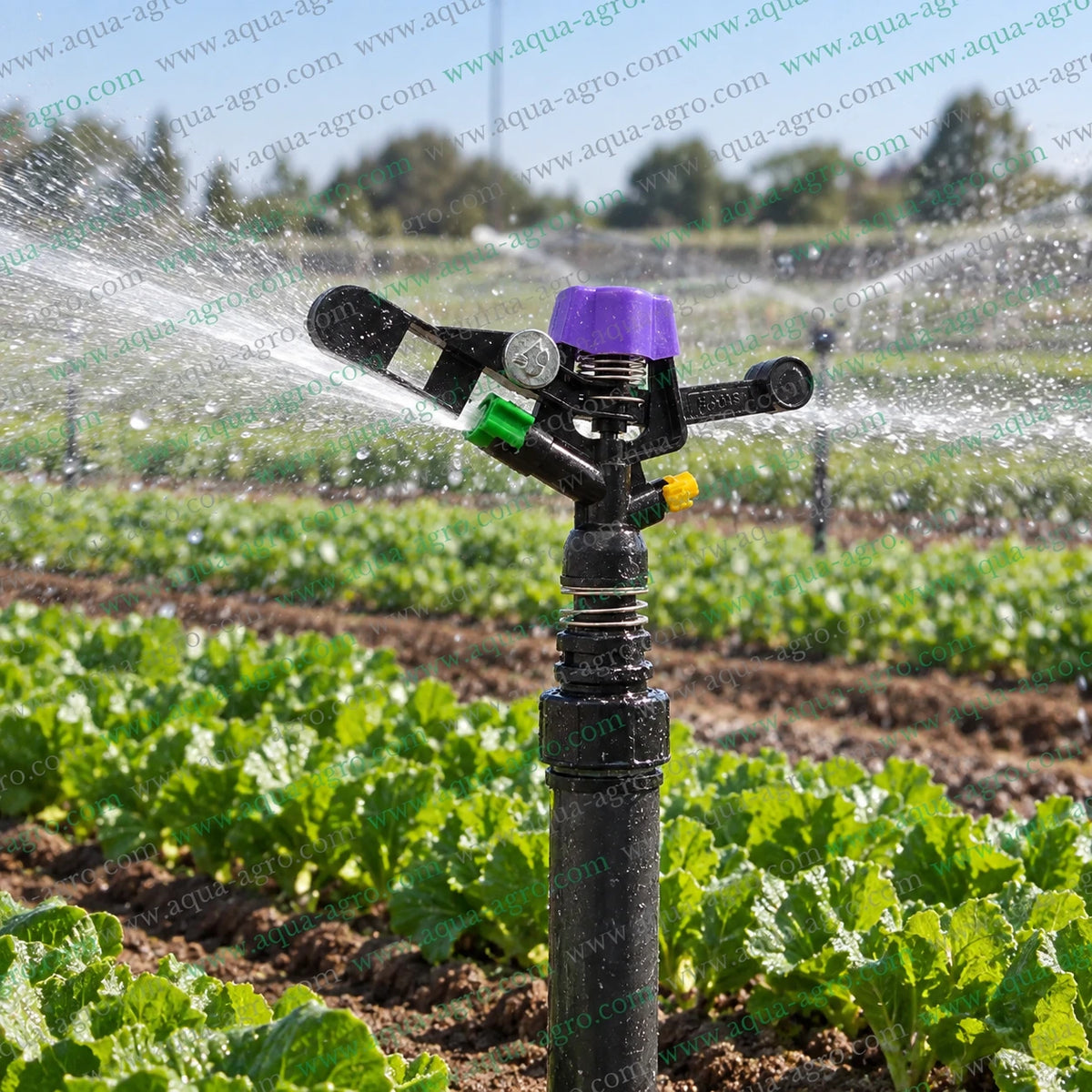 MY IRRIGACIO WORLD HANS MI-20-PSP mini sprinkler operating in agricultural crop field with full circle 360 degree impact irrigation 25 to 35 feet radius 1320 to 1900 LPH 0.75 inch 25mm male threaded plastic sprinkler