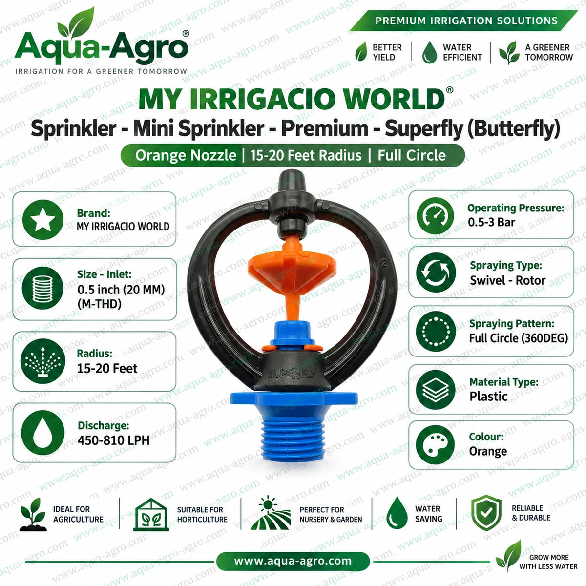 MY IRRIGACIO WORLD Superfly Butterfly premium mini sprinkler with orange nozzle full circle 360 degree swivel rotor 15 to 20 feet radius 450 to 810 LPH 0.5 inch 20mm male threaded plastic agricultural irrigation sprinkler