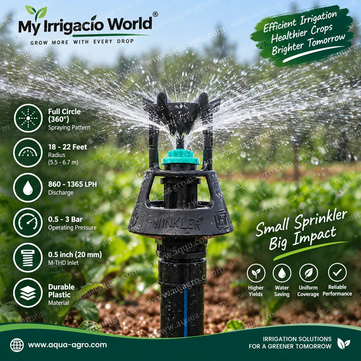 My Irrigacio World Winkler mini sprinkler operating in agricultural crop field with full circle 360 degree uniform water distribution 18 to 22 feet radius black plastic 0.5 inch 20mm male threaded farm irrigation sprinkler