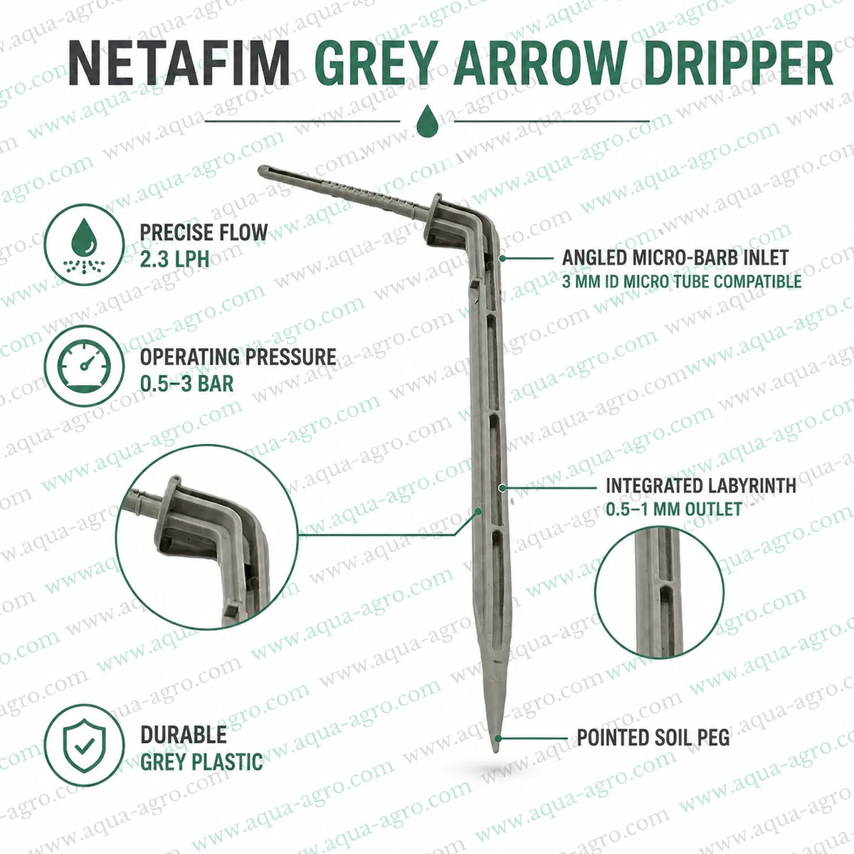 NETAFIM Grey Arrow Dripper 2.3 LPH drip peg with labyrinth, angled barbed inlet and 3.3x5mm micro tube compatibility