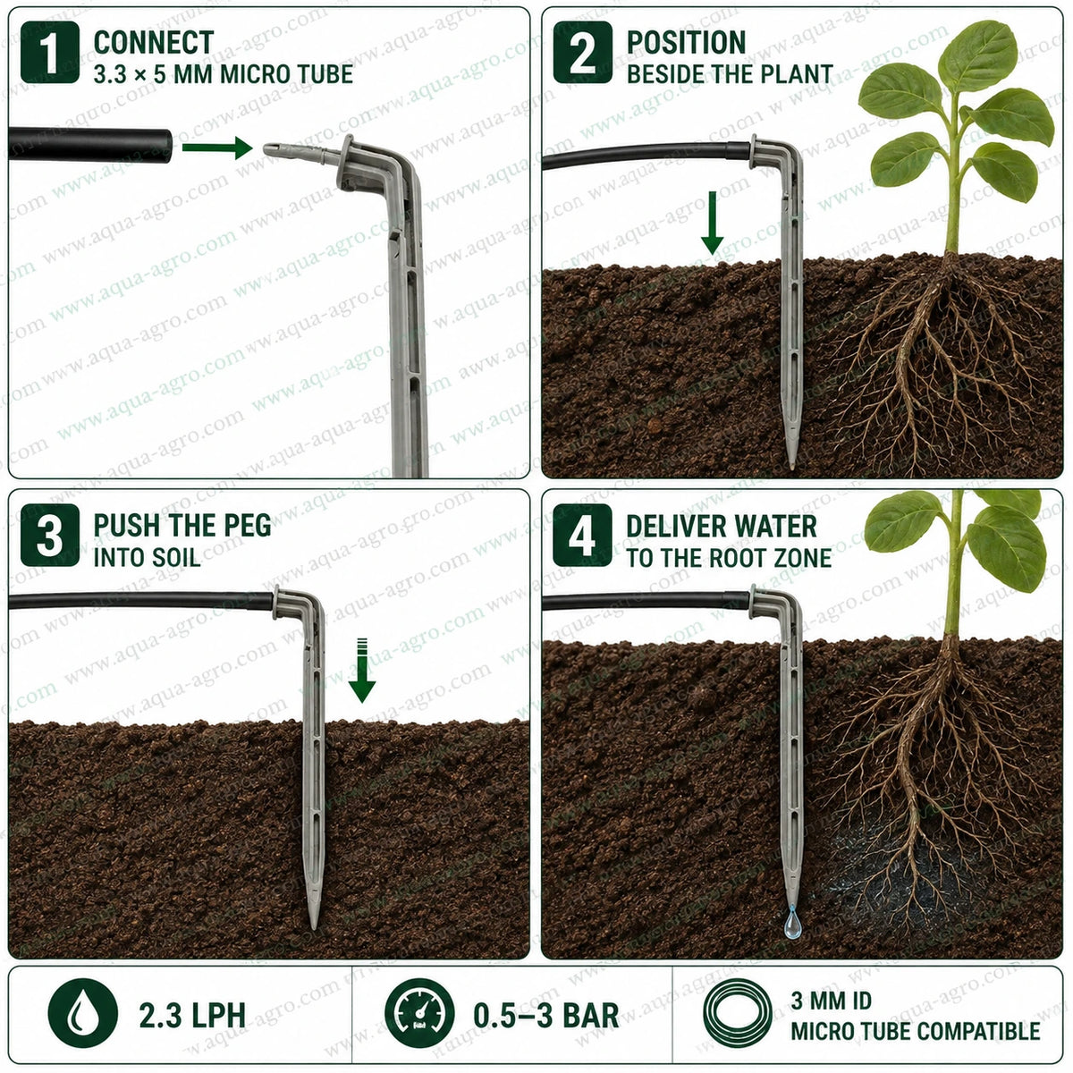 NETAFIM Grey Arrow Dripper 2.3 LPH drip irrigation peg installation with 3.3x5mm micro tube for targeted plant root-zone watering