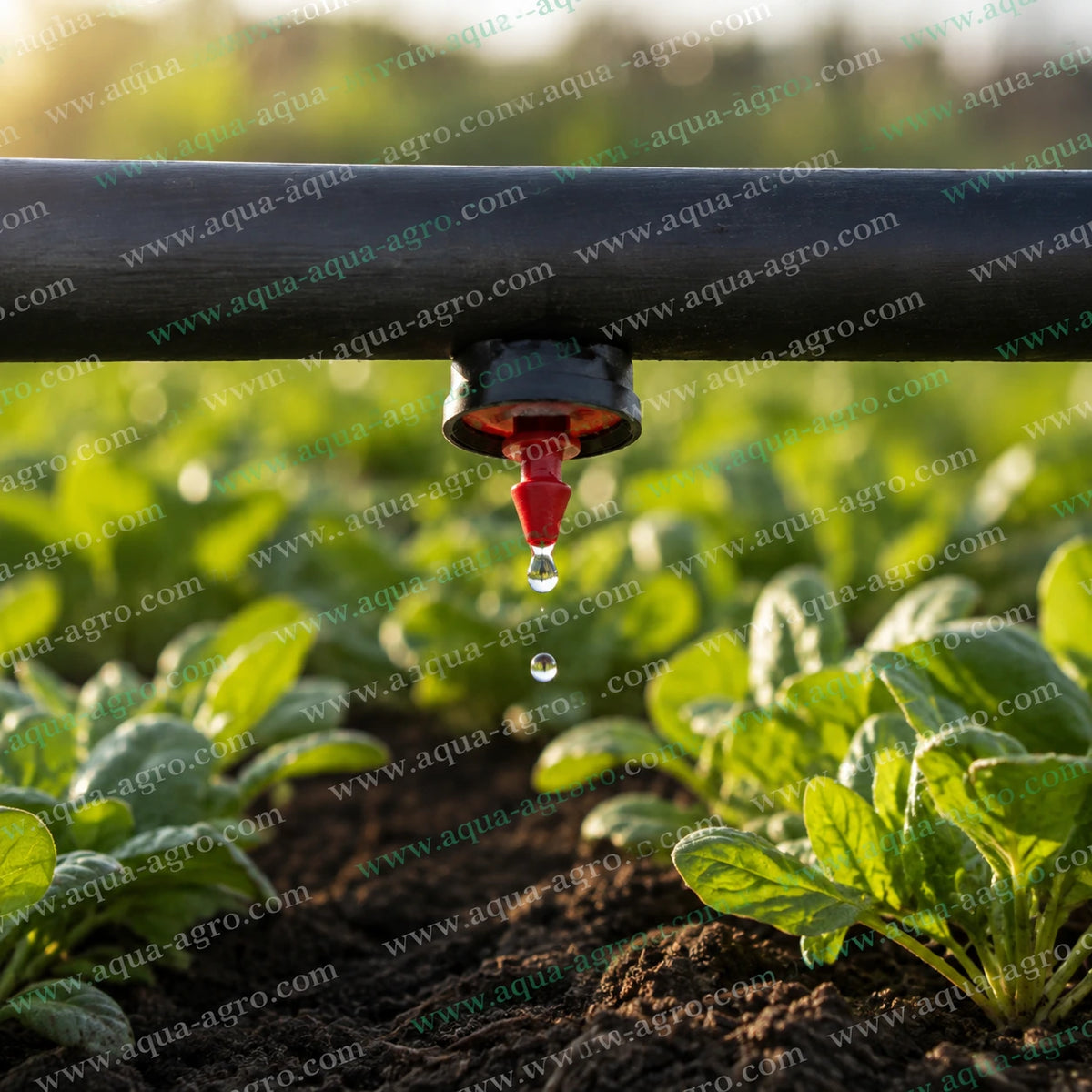 NETAFIM 2 LPH red button dripper installed on drip irrigation lateral pipe delivering water directly to vegetable crop root zone
