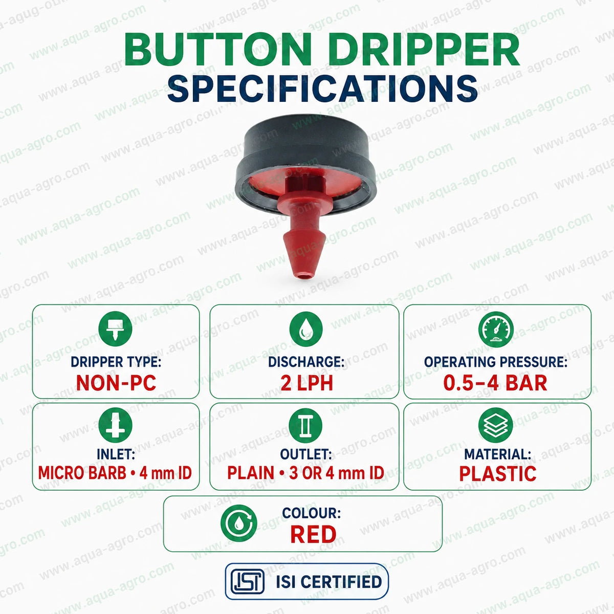 NETAFIM 2 LPH non-PC sealed button dripper red and black with micro barb inlet, plain outlet and ISI certification for drip irrigation