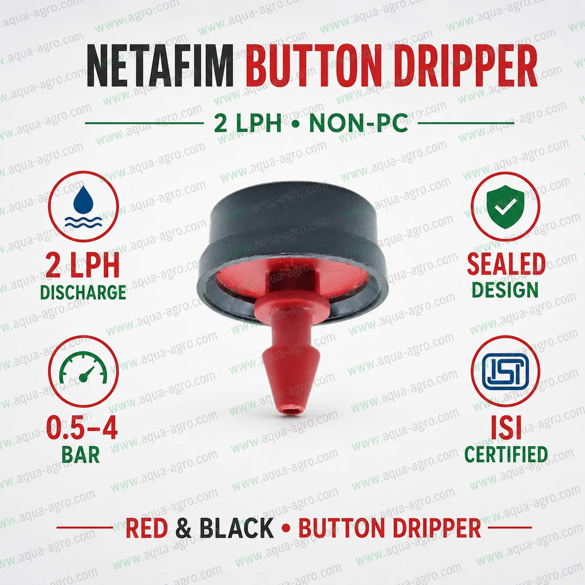 NETAFIM button dripper 2 LPH non-pressure compensated sealed drip emitter in red and black for agricultural drip irrigation systems