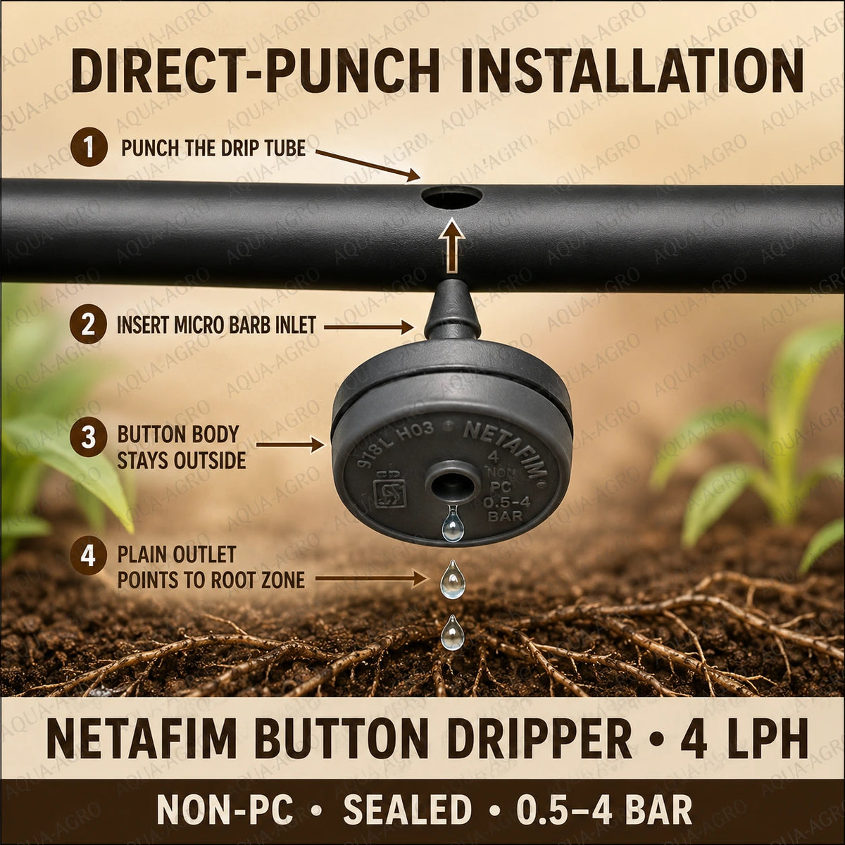 NETAFIM 4 LPH non-PC sealed button dripper direct-punch installation on drip irrigation tube with plain outlet for root-zone watering
