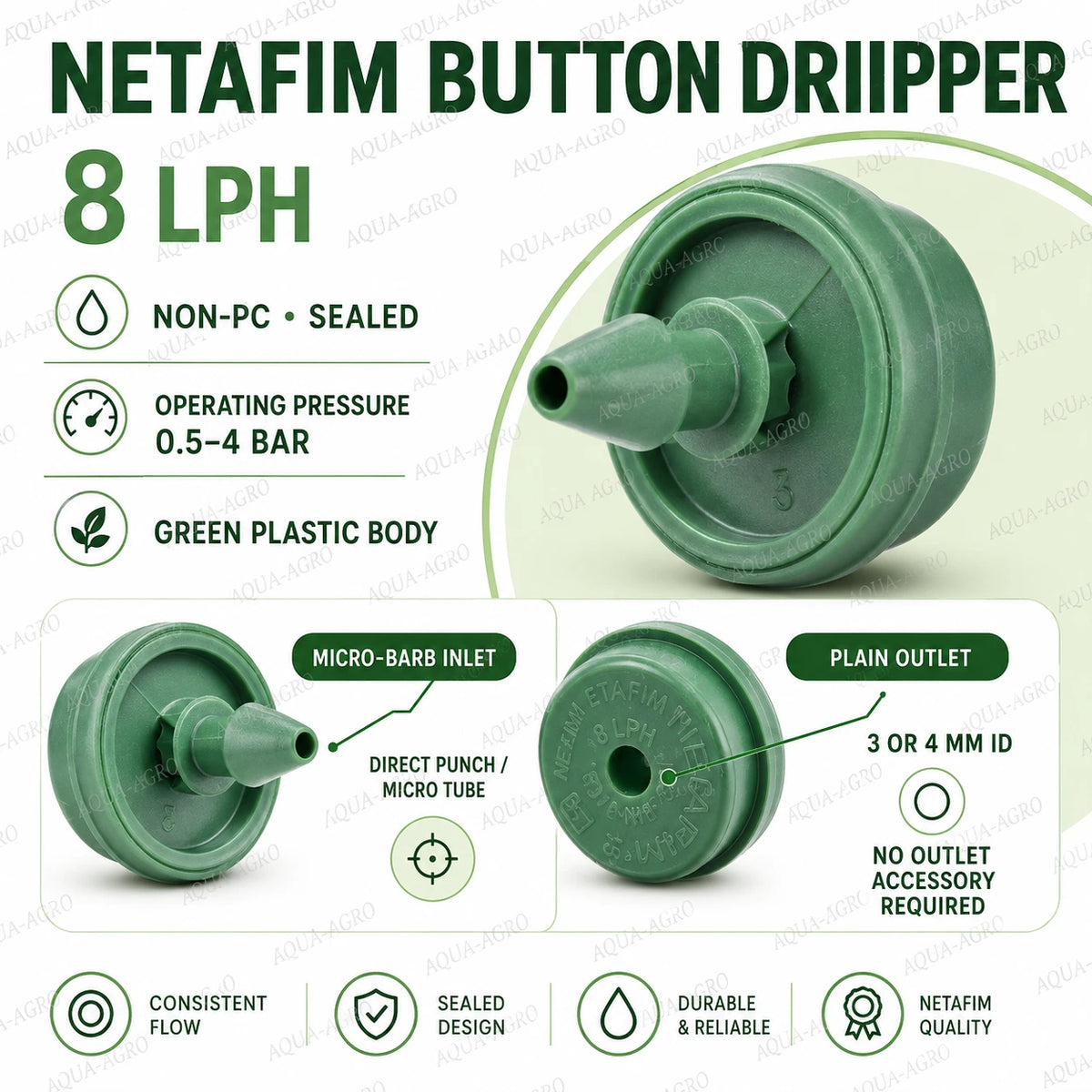 NETAFIM 8 LPH non-PC sealed button dripper green drip emitter with micro barb inlet and plain outlet for agricultural drip irrigation