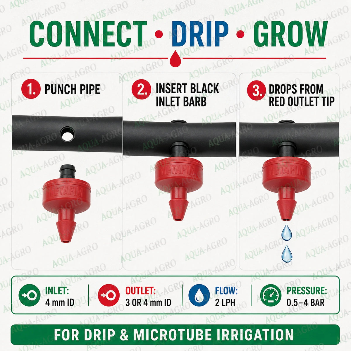 NETAFIM PCJ 2 LPH pressure compensated sealed red drip emitter installation with micro-barb inlet for drip irrigation pipe
