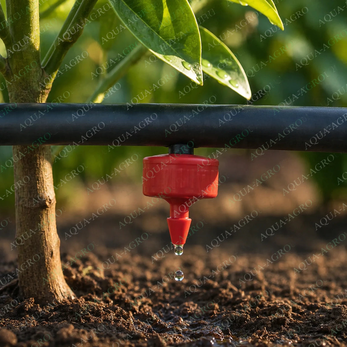 NETAFIM PCJ 2 LPH pressure compensated red dripper installed on drip lateral pipe for precise root-zone irrigation