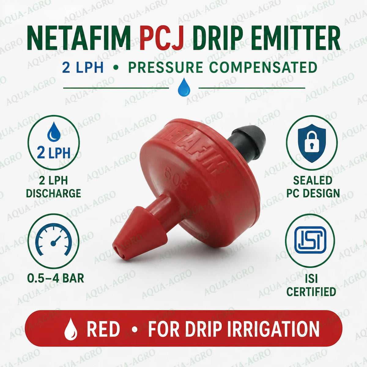 NETAFIM PCJ 2 LPH pressure compensated sealed drip emitter with barb outlet, ISI certified red dripper for agricultural irrigation