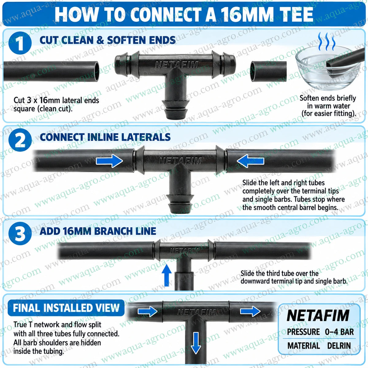 NETAFIM 16mm black barbed tee lifestyle image installed in field drip irrigation network for 3 way lateral branching and efficient water distribution